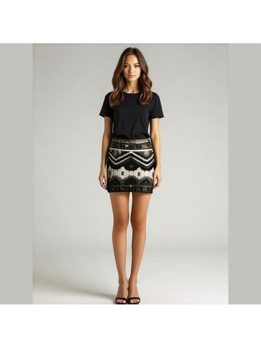 Express Aztec Black White Silver Grey Sequin Mini Skirt Size XS